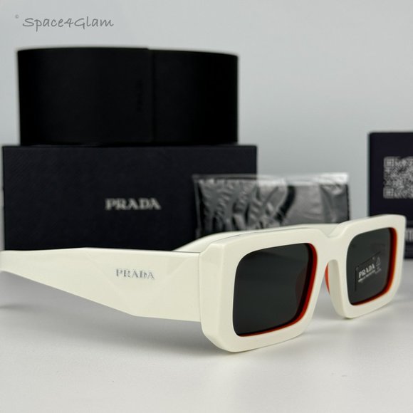 NEW Prada PR06YS 17M5S0 Talc Orange Dark Grey Rectangle Unisex Sunglasses - Picture 4 of 11